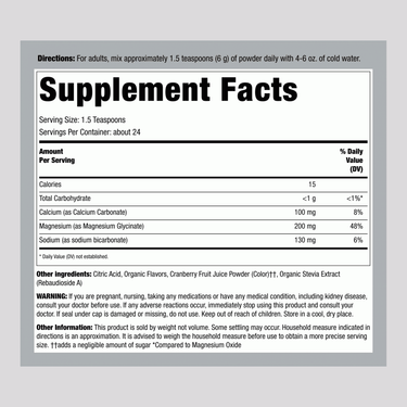 The Supplement Facts panel for Magnesium Glycinate Powder, 5 oz, providing details of ingredients and nutritional information.