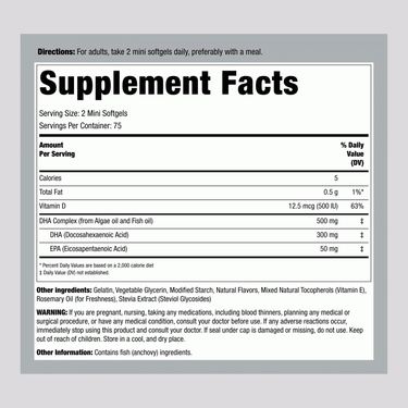 Image showing the Supplement Facts panel for DHA Mini 150 Softgels.