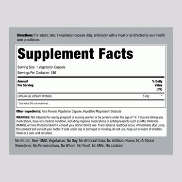 Supplement Facts panel for Lithium Orotate 5 mg, 180 capsules, displayed clearly.