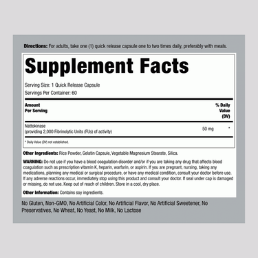 Supplement Facts for Nattokinase 50 mg, 60 Capsules.