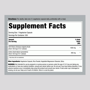 Supplement Facts panel for Carlyle Tart Cherry Plus Celery Seed 200 Caps, showing nutritional information.