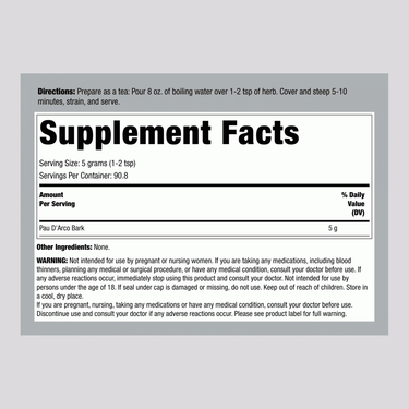 Pau D'Arco Bark Cut & Sifted Wild 1 lb supplement facts panel image.