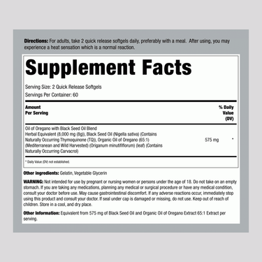 Shows the Supplement Facts panel for a bottle of Oregano Blackseed Oil containing 120 softgels.