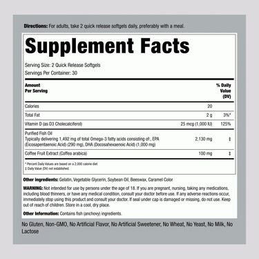 Supplement Facts label for Ultra Omega + D3 containing 60 softgels, detailing nutritional information and ingredients clearly.