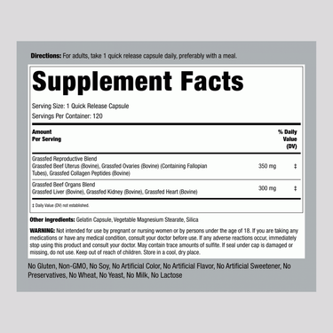 Supplement Facts panel for Beef Organs For Women, detailing key nutritional information and ingredient specifics for consumers.
