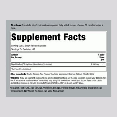 Supplement Facts for Prickly Pear Cactus capsules, 1950 mg, 180-count.