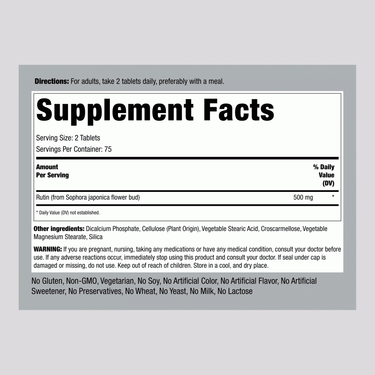 Detailed Supplement Facts for Rutin 500 mg Tablets, 150 count.