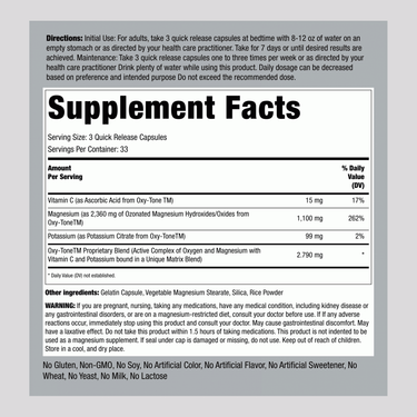 Oxygen Colon Cleanser supplement facts panel for 100 capsules.