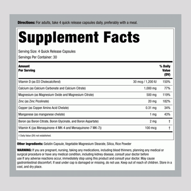 Supplement Facts panel for LN Bone Support with Vitamin K2, containing 120 capsules.