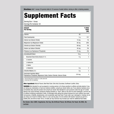 Supplement Facts panel for FL Amino Boost - Fruit Punch 480 g, detailing nutritional information and ingredients included.