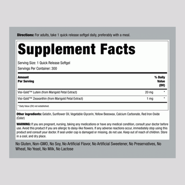 Supplement Facts panel displaying Lutein and Zeaxanthin 20 mg in 300 softgels.