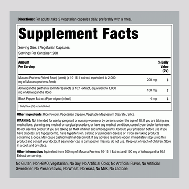 Supplement Facts panel showing Mucuna and Ashwagandha blend with a total of 3000 mg per serving.