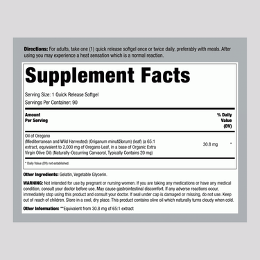 Supplement Facts for Oregano Oil Extract, 181 mg per serving, in a bottle of 90 softgels.