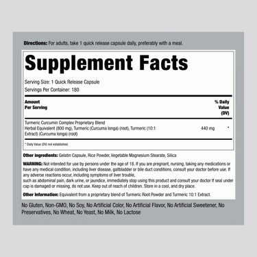 Turmeric Capsule 800 mg Supplement Facts panel displayed with detailed information on ingredients and nutritional content.