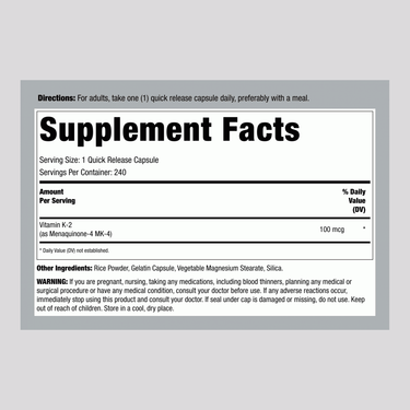 Supplement Facts for Carlyle K2 (MK4) 100 mcg, 240 capsules.