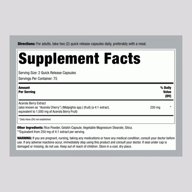 Supplement Facts panel for Carlyle Acerola Cherry 1000 mg, 150 Capsules.