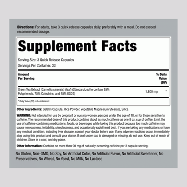 Supplement Facts for Green Tea 1800 mg Stand Capsules, 100 count, detailed in a panel.