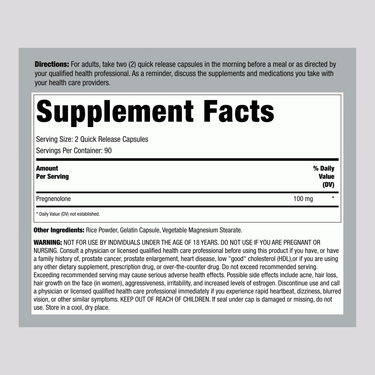 Supplement Facts for Horbaach Pregnenolone 100 mg, 180 Capsules.