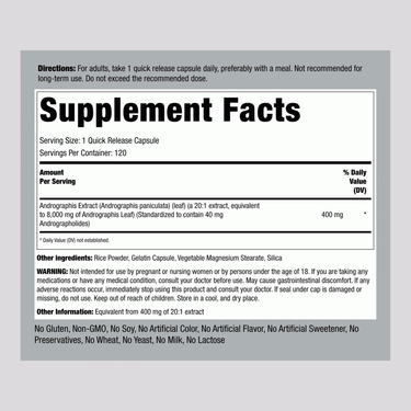 Supplement Facts panel for Andrographis Paniculata Extract 8000 mg with 120 capsules.
