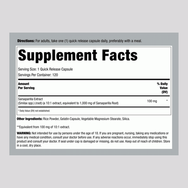 Supplement Facts label for Sarsaparilla Root 1000 mg with 120 capsules.