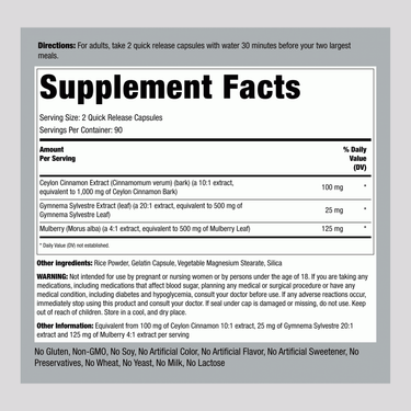 Supplement Facts panel for Cinnamon, Gymnema, and Mulberry Capsules, 180 count.