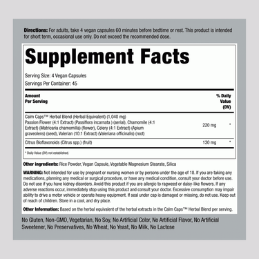 Image of the Supplement Facts panel for Calm Caps Capsules, showing ingredient information for a total of 180 capsules.