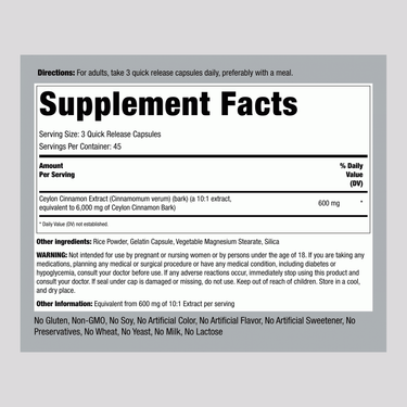The Supplement Facts panel for Ceylon Cinnamon 6000mg, showing details for 135 capsules.