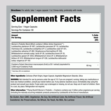 Women's Probiotic with Cranberry supplement facts for 90 vegan capsules.
