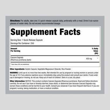 Supplement Facts panel for Carlyle Cascara Sagrada 450 mg, 250 capsules, displaying nutritional information and ingredient details.