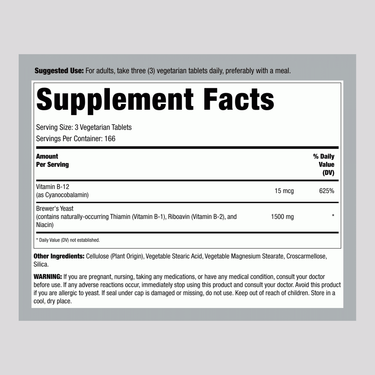 The Supplement Facts panel for Natural Brewers Yeast 1500 mg, containing 500 tablets.