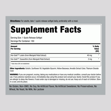 Supplement Facts panel showing details for Lutein + Zeaxanthin 40 mg, 180 softgels.