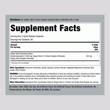 Supplement Facts for Ginger Root 1500 mg, 180 capsules.