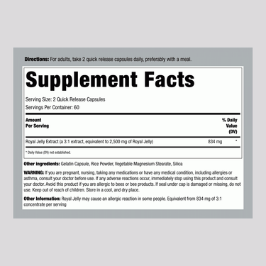 Supplement Facts panel for Royal Jelly with 2500 mg per serving and 120 capsules.