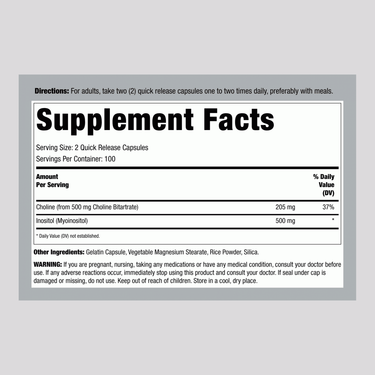 This is the Supplement Facts panel for Choline & Inositol 1000 mg, featuring information for 200 capsules.