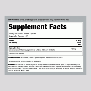 Image of the Supplement Facts panel for Slippery Elm Bark 4000 mg Capsules, 200 count.
