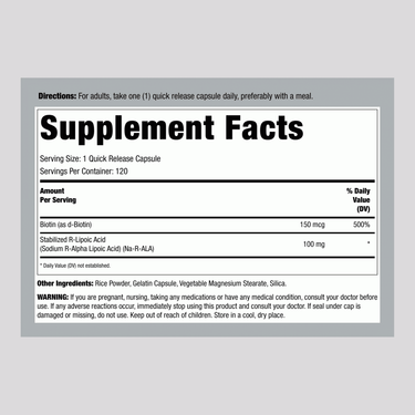 Image showing Supplement Facts for R-Lipoic Acid plus Biotin Optimizer 100 mg.