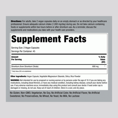 Label showing Supplement Facts for Strontium Citrate 680 mg, 90 capsules.
