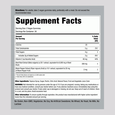 The Supplement Facts panel is shown for Beet Root 60 Gummies, detailing nutrients and ingredient information within character limit.