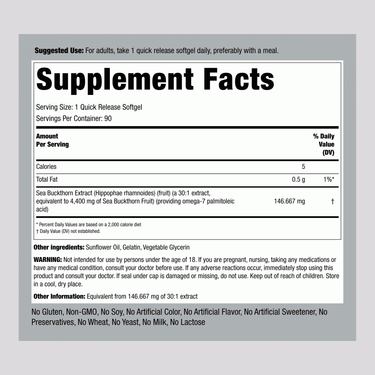 Supplement Facts panel for Omega-7 Sea Buckthorn Oil 4400 mg, 90 softgels, detailing ingredients and nutritional information.