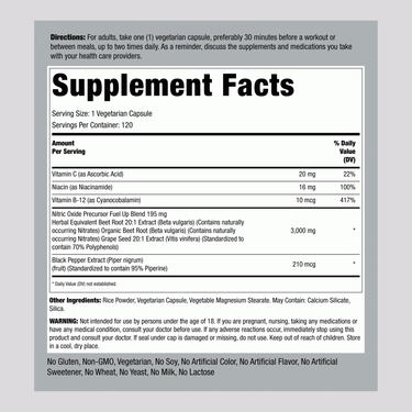 Supplement Facts panel for FL Nitric Oxide Extreme with Beet, 120 Capsules.