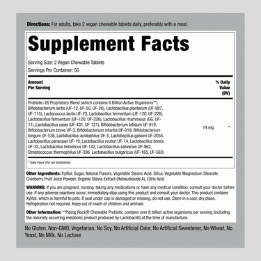 Label shows the Supplement Facts for Adult Chewable Probiotic with 6 Billion CFUs in a bottle of 100 tablets.