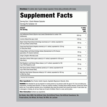 Supplement Facts panel displaying details for Menopause Ease Capsules 100.