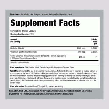 Supplement Facts panel detailing ingredients and dosage for Super Cinnamon Capsules 240.