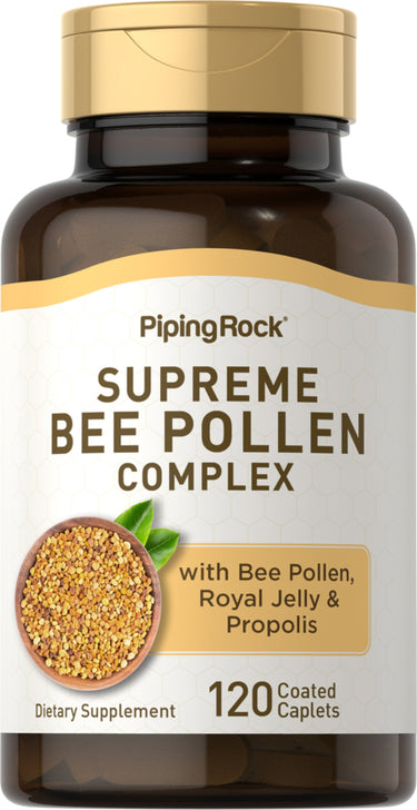 Supreme Bee Pollen Complex with Bee Pollen, Royal Jelly, and Propolis, contains 120 coated caplets as a dietary supplement.
