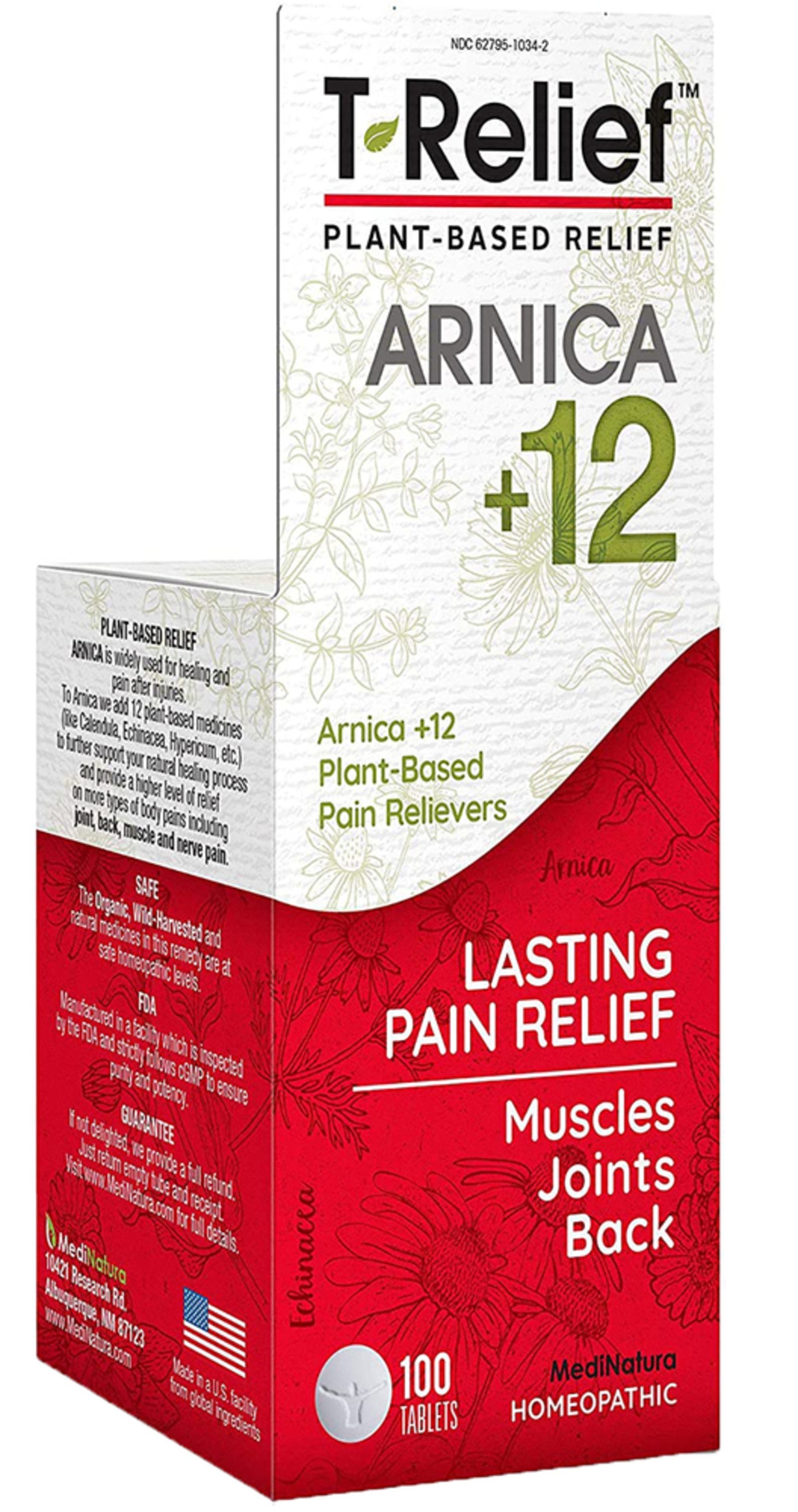 MediNatura T-Relief Arnica +12 Plant-Based Relief, Homeopathic, 100 Tablets for lasting pain relief for muscles, joints, back.