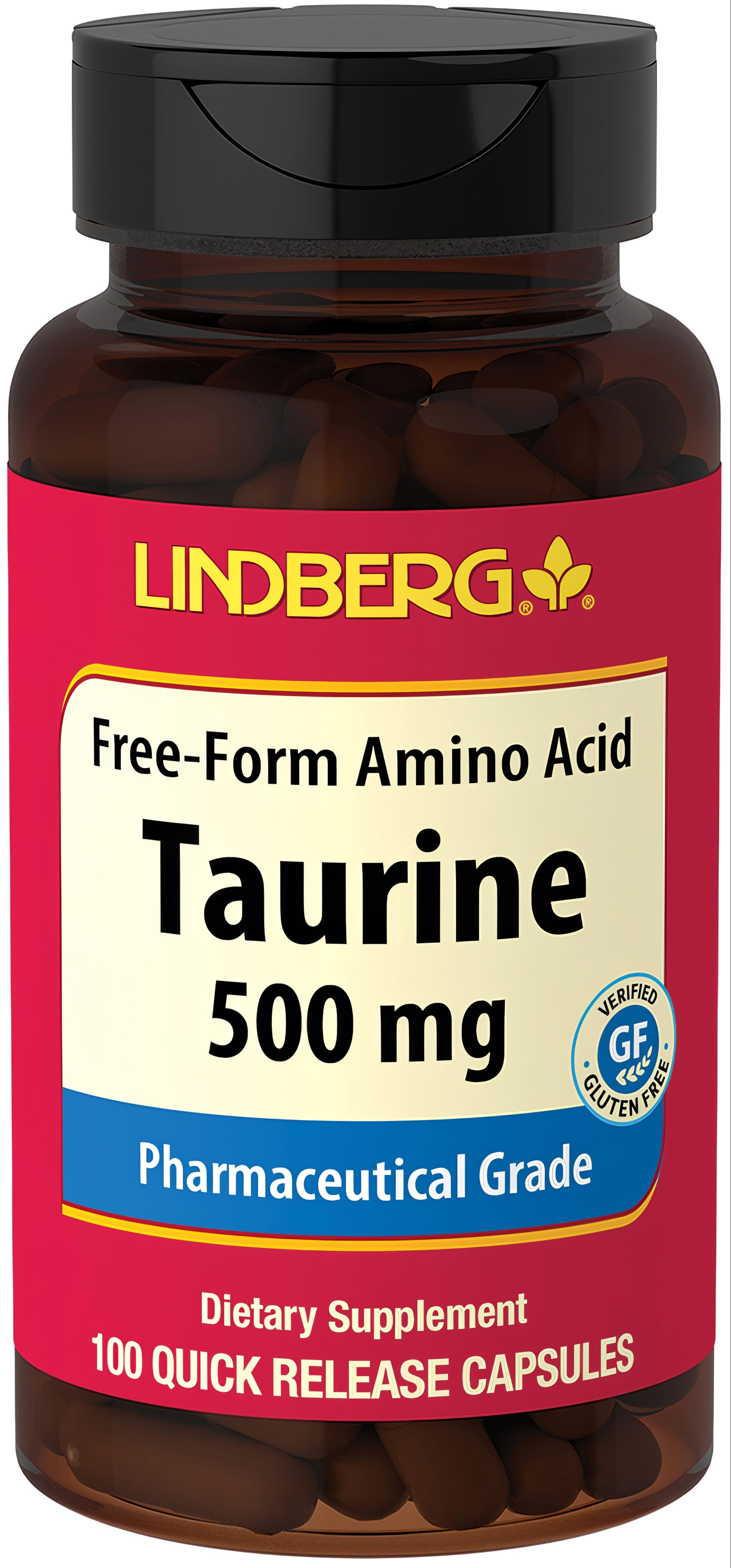 Lindberg Free-Form Amino Acid Taurine 500 mg, 100 Quick Release Capsules. Pharmaceutical Grade, Dietary Supplement, Gluten Free.
