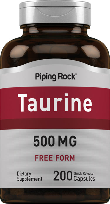 Taurine 500 MG free form dietary supplement with 200 quick release capsules.
