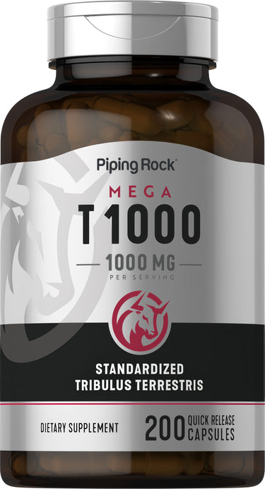 Mega T 1000 Tribulus Terrestris 1000 mg with 200 quick release capsules in a product image showing supplement details.