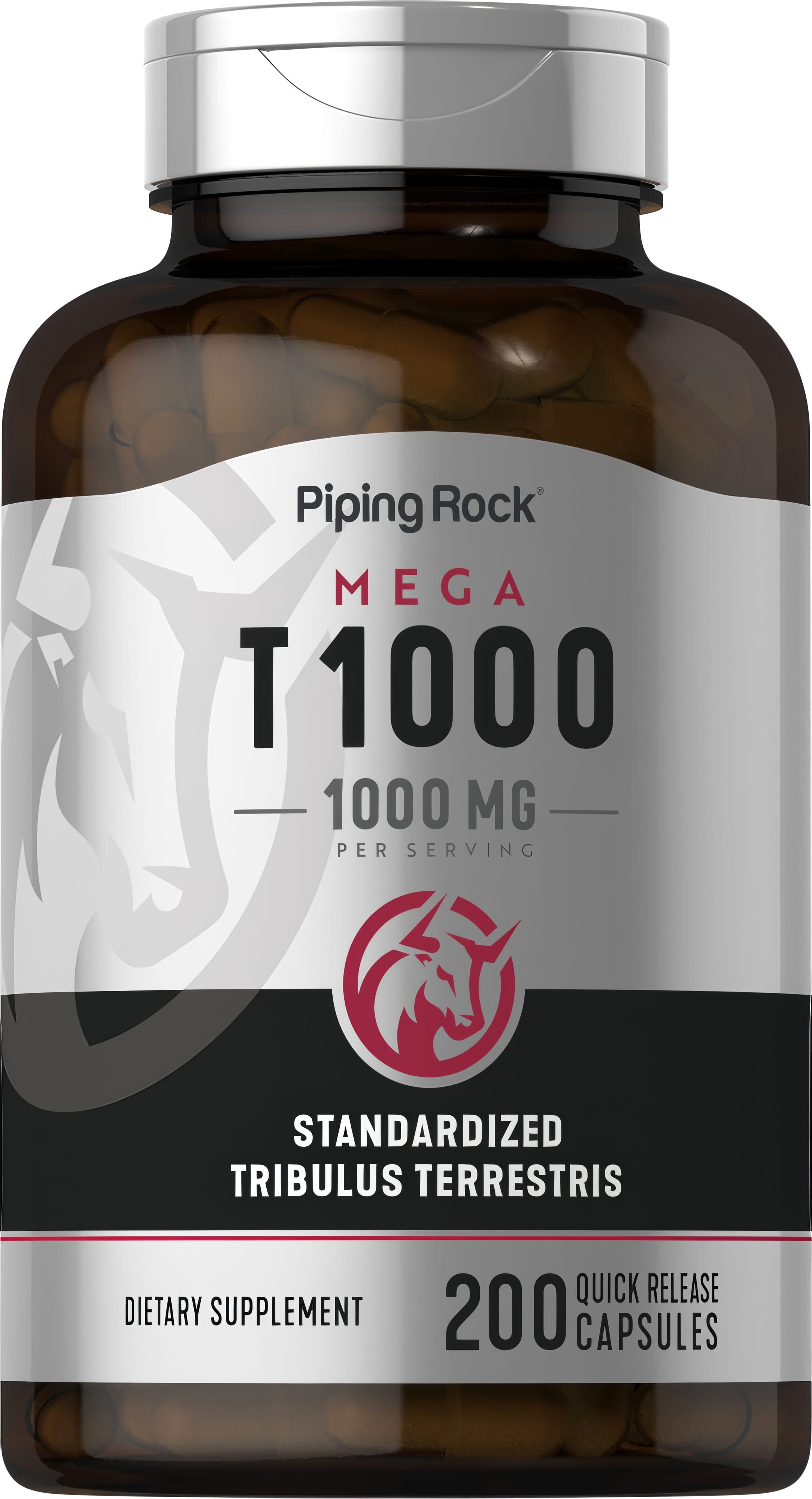 Mega T 1000 Tribulus Terrestris 1000 mg with 200 quick release capsules in a product image showing supplement details.