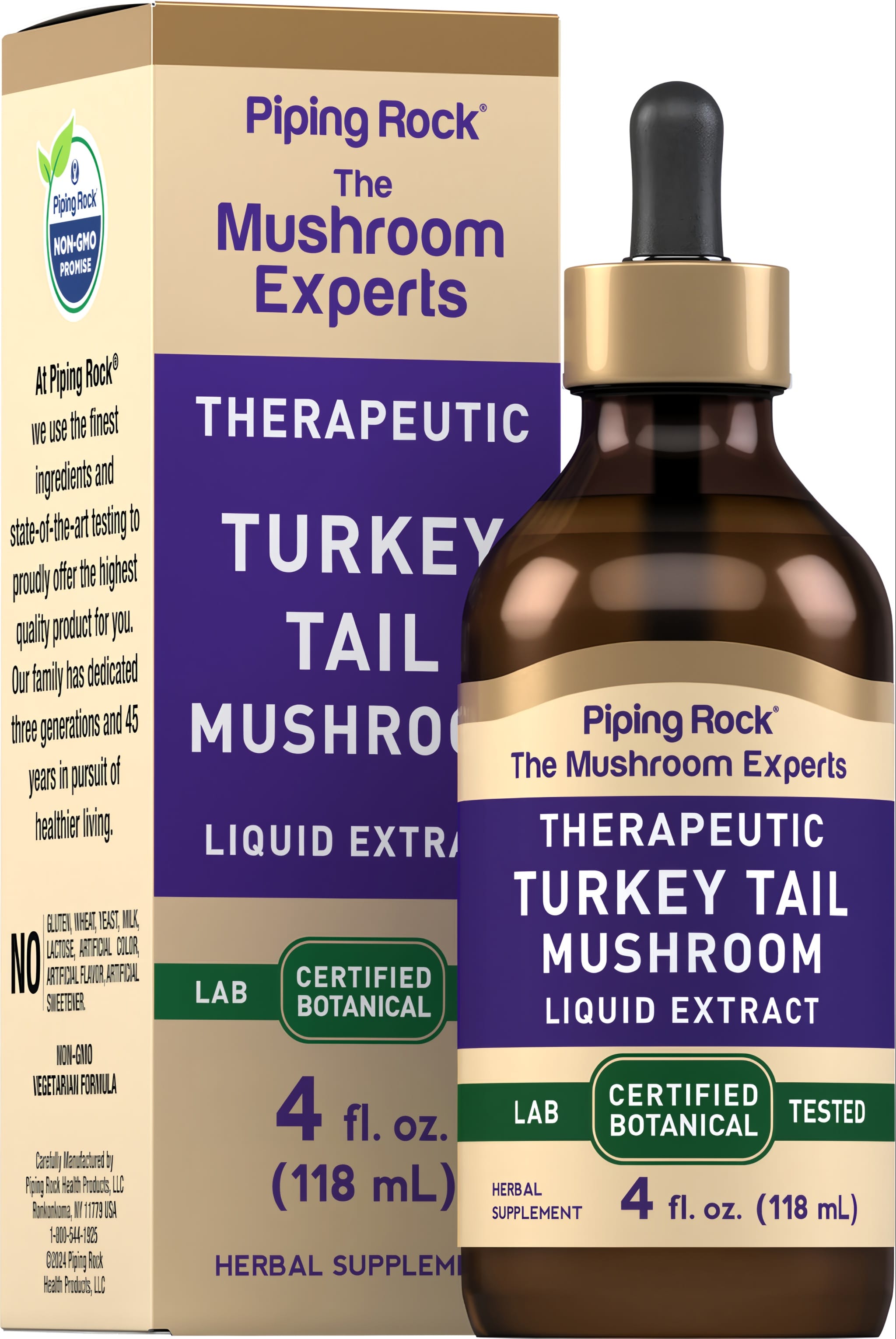 Turkey Tail Mushroom Liquid Extract, 4 fl. oz. (118 mL) bottle and box; lab certified, botanical tested, vegetarian, non-GMO.